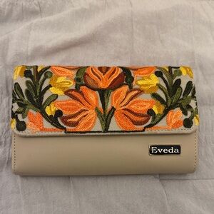 Veda Beige Wallet with Vibrant Floral Embroidery